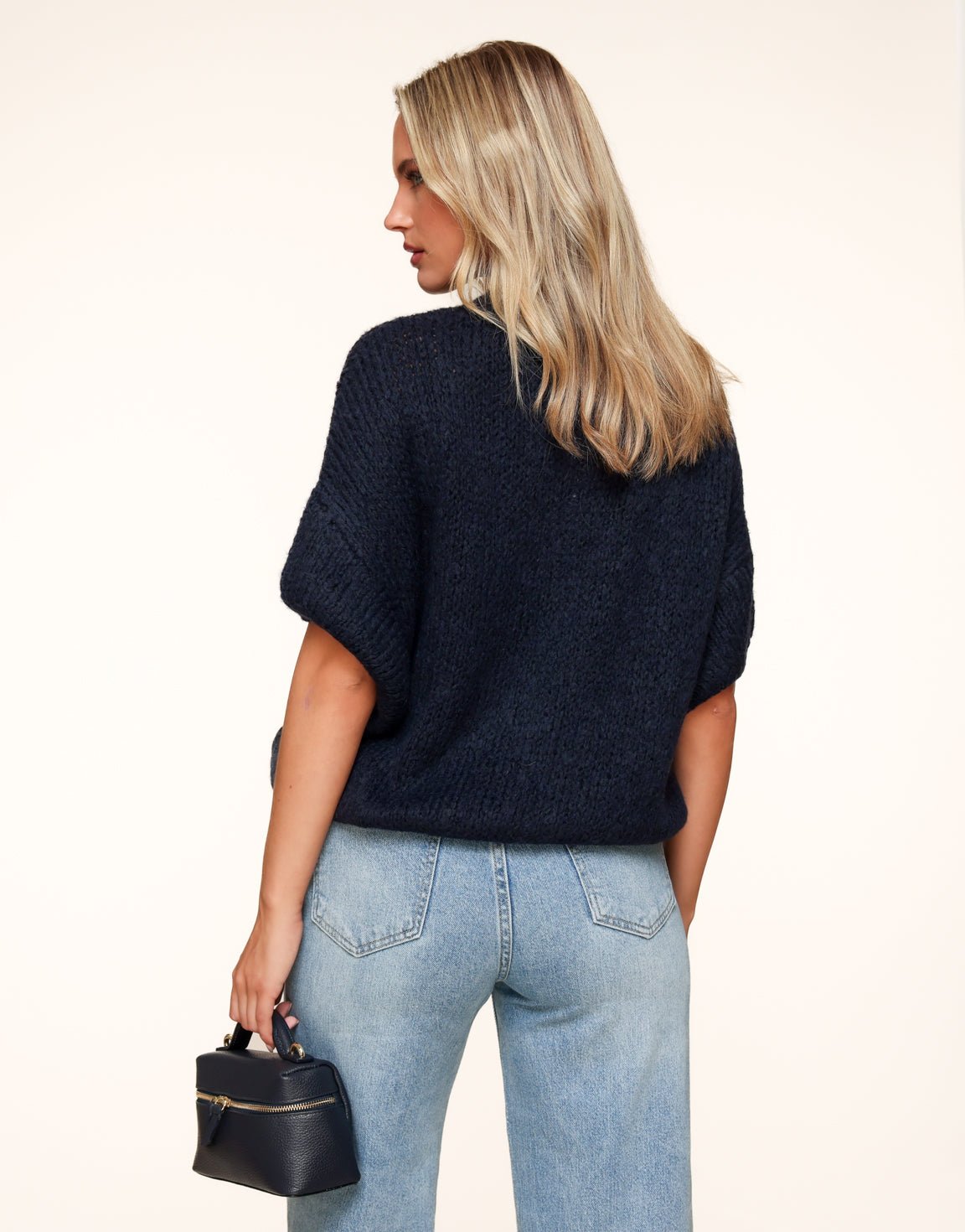 0209 Navy Gebreide Wollen 3/4 Mouwen - Trui - Olivia & Kate