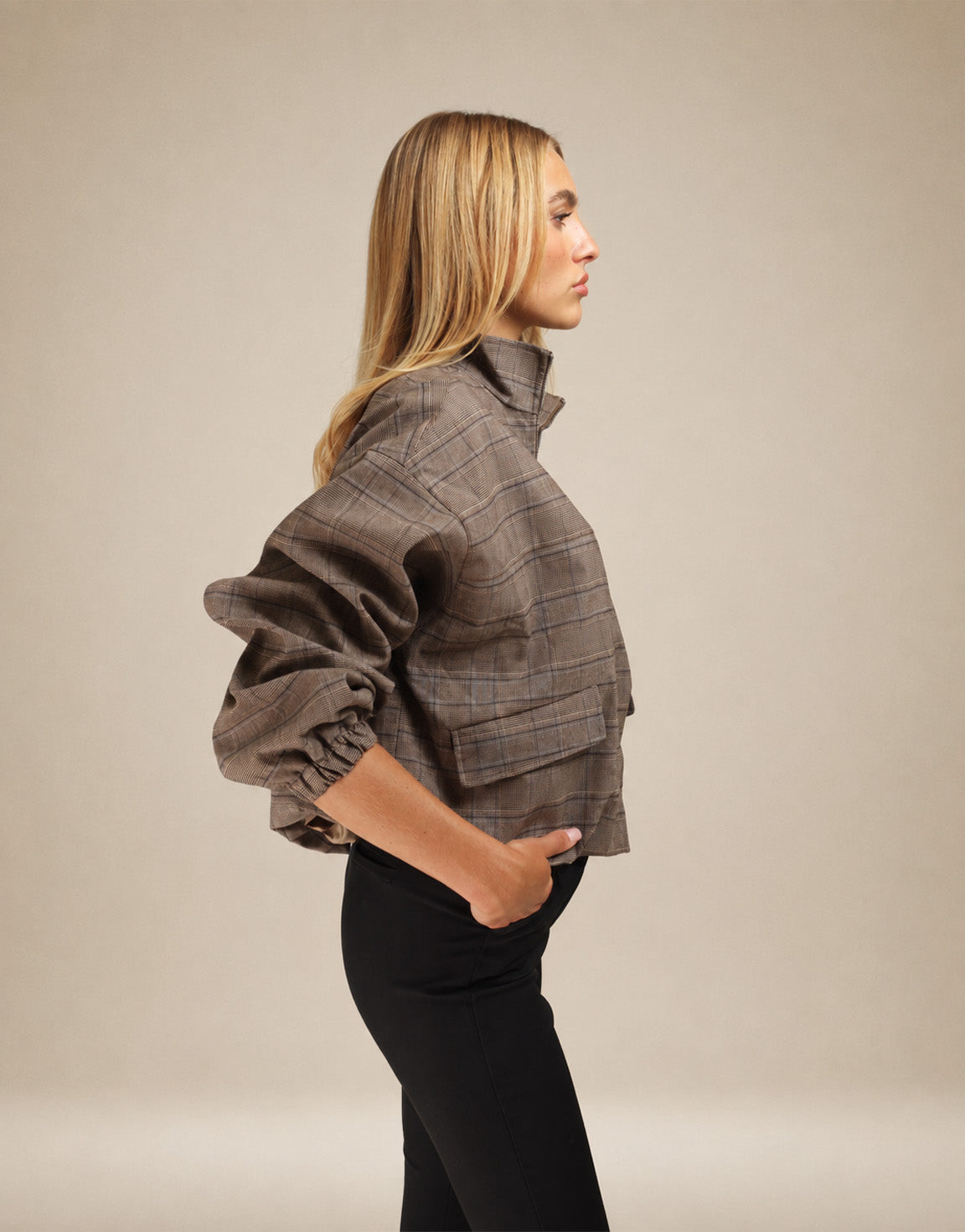 Bruine Luxe Geruiten Puffy Elastische Onderkant - Jas