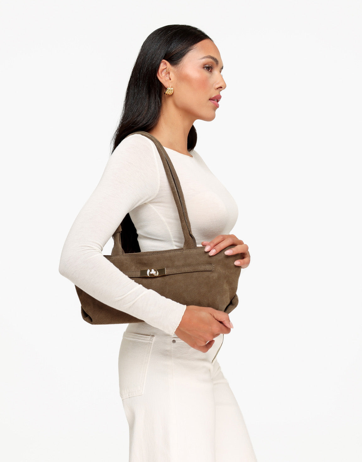 Taupe Langwerpige Suede Hand -Tas