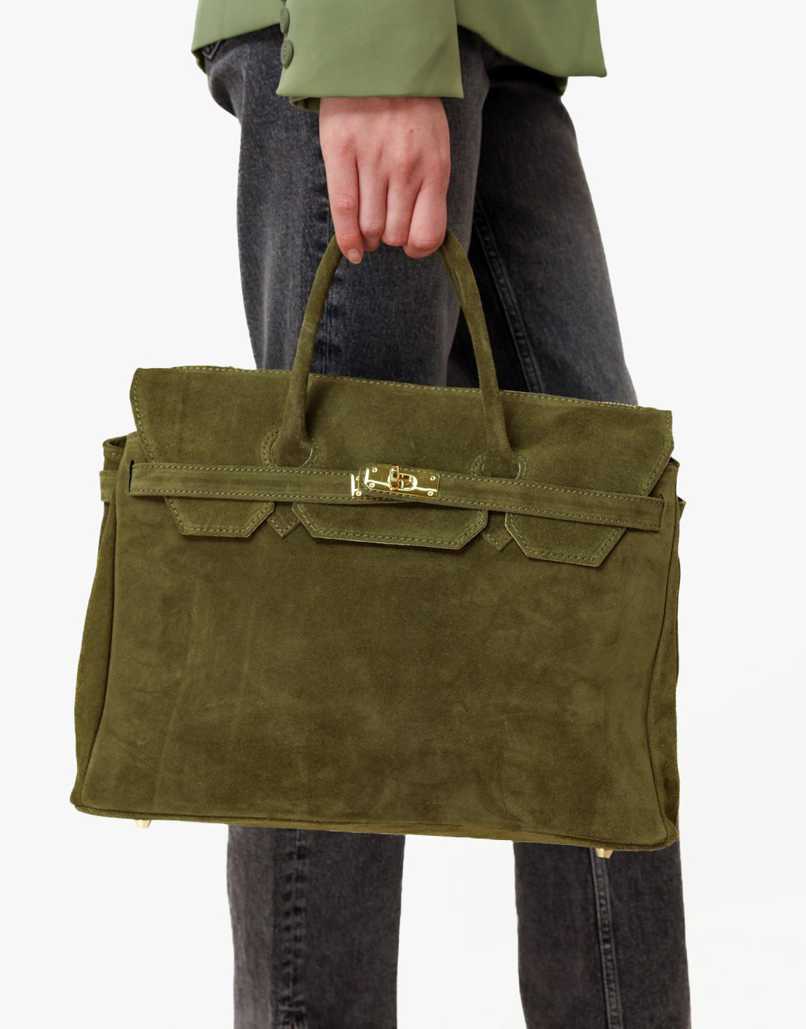 Army Green Suede Large Gold Detail - Bag
