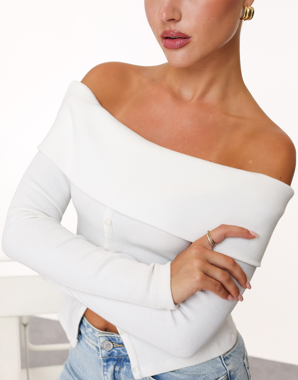 Witte Off Shoulder Knopen LS - Top