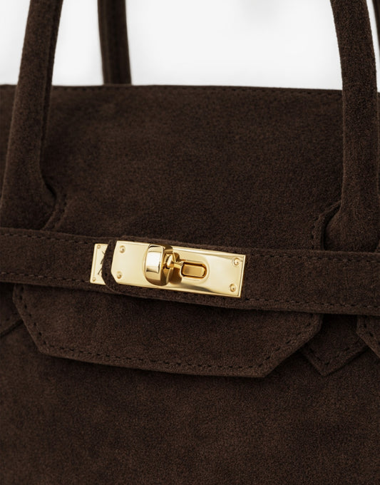 Donkerbruine Grote Suede Gouden Detail - Tas