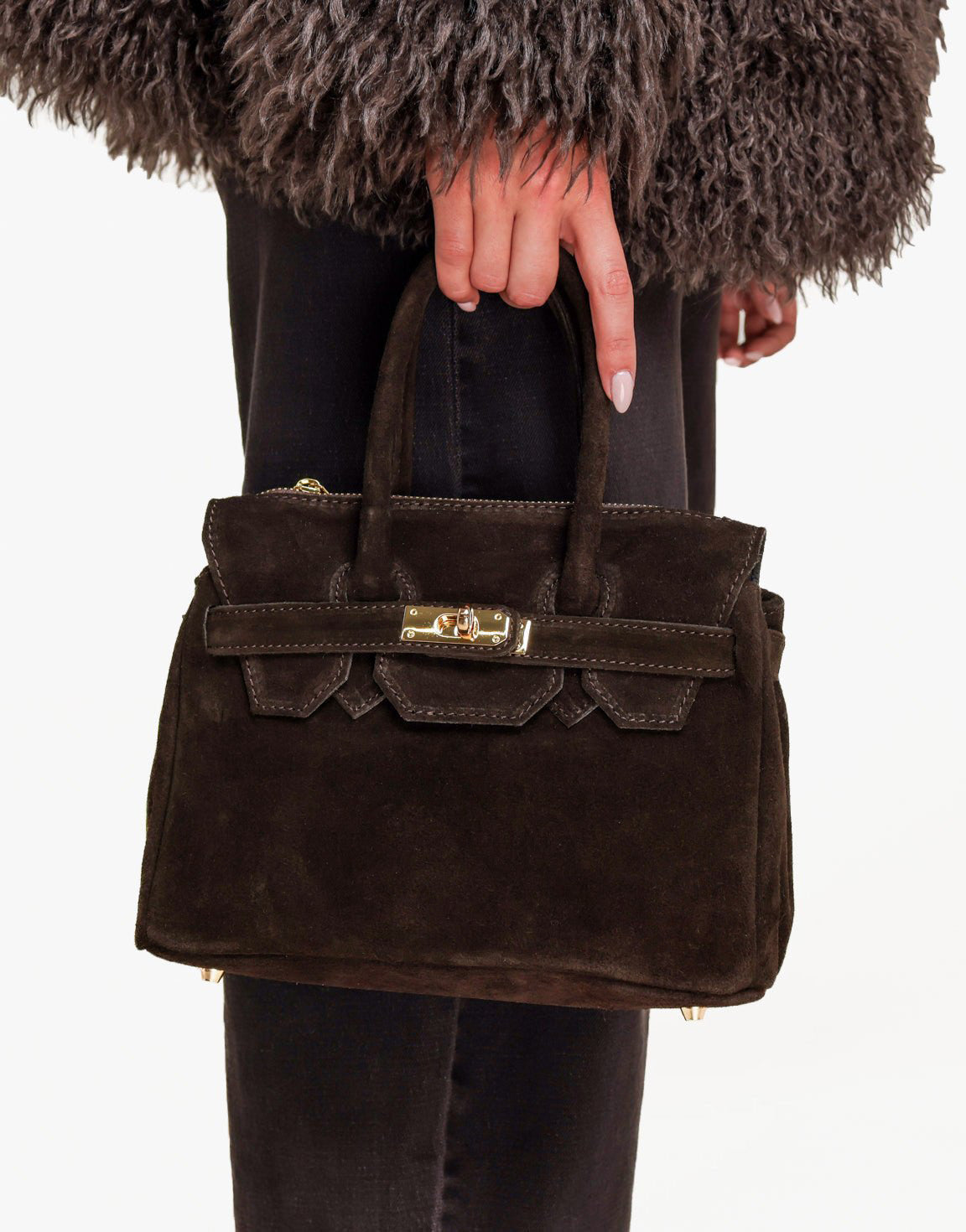 Dark Brown Medium Suede Gold Detail - Bag