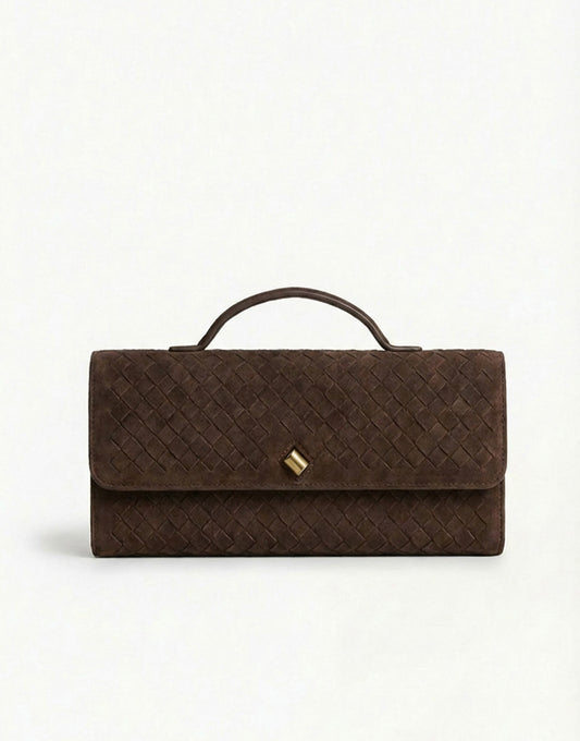 Coffee Suede Gold Detail Clutch - Bag