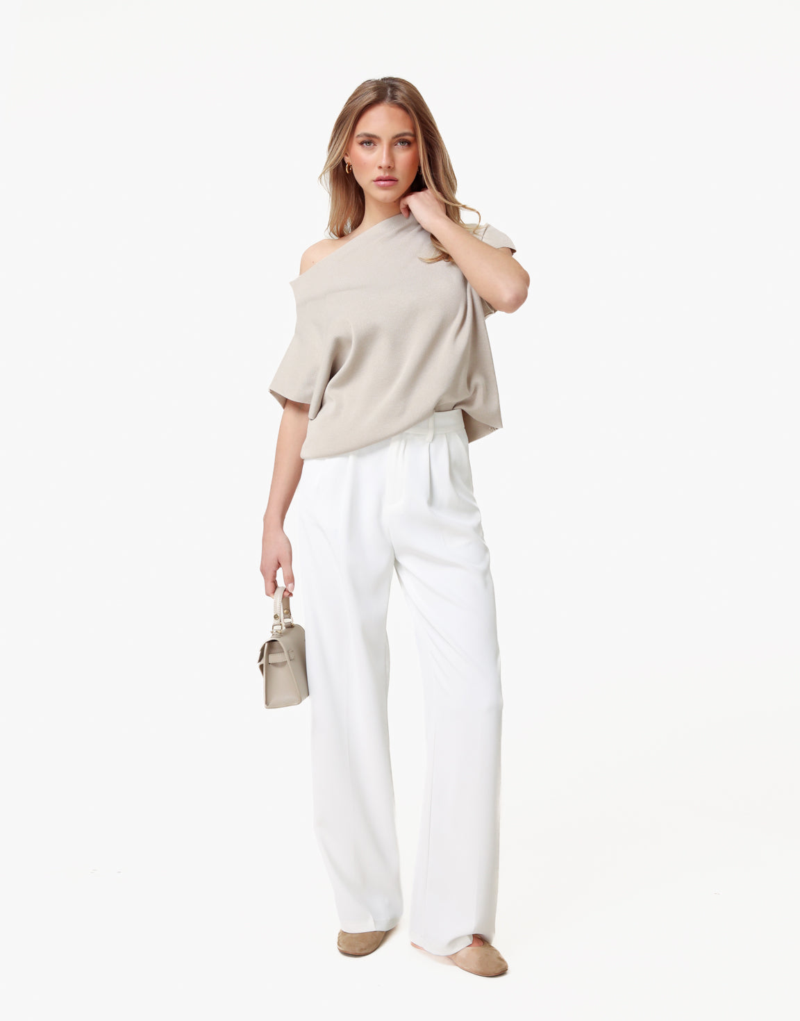 Beige Gebreide One Shoulder - Top