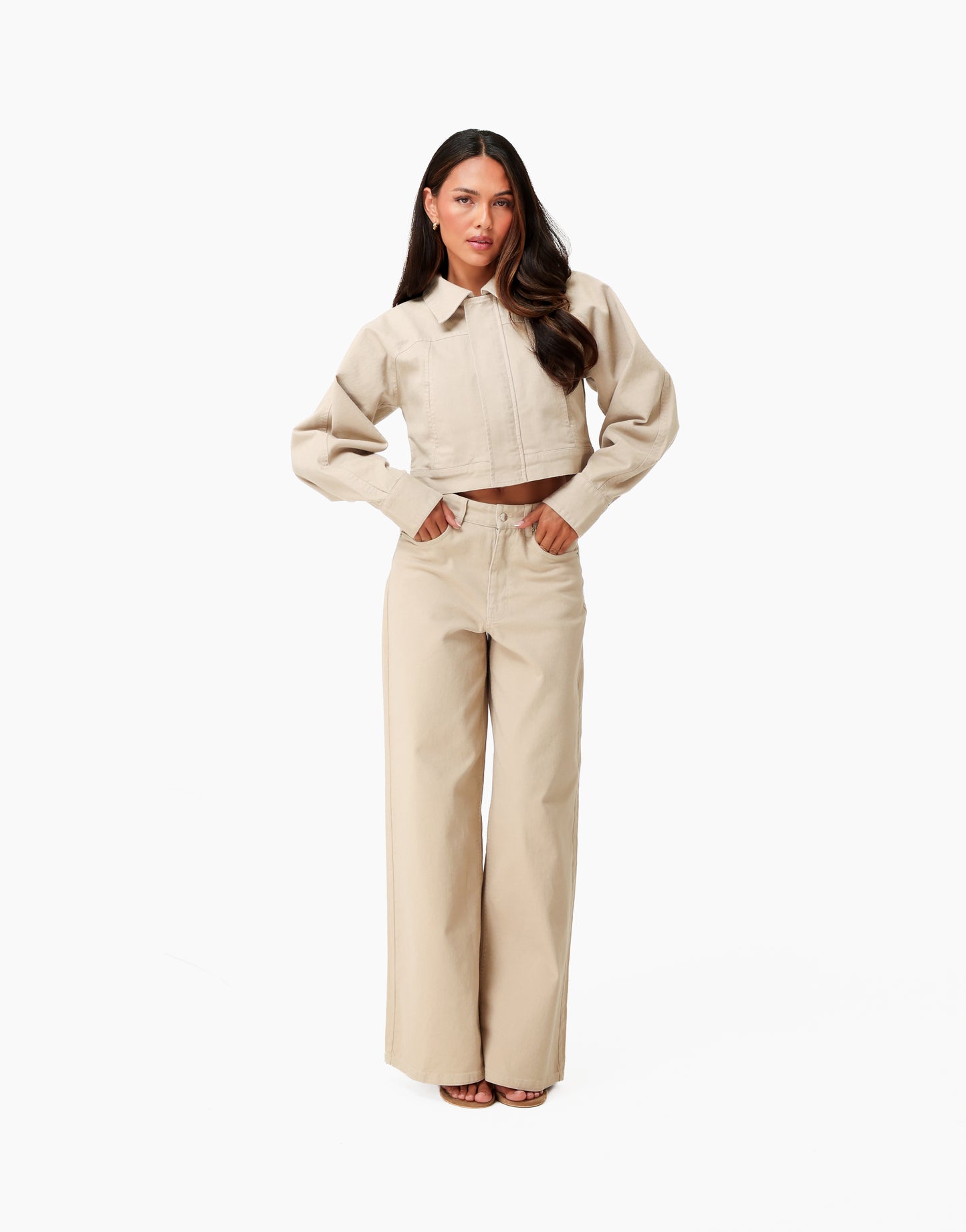 Beige Denim Ballonmouwen Wijde - Set