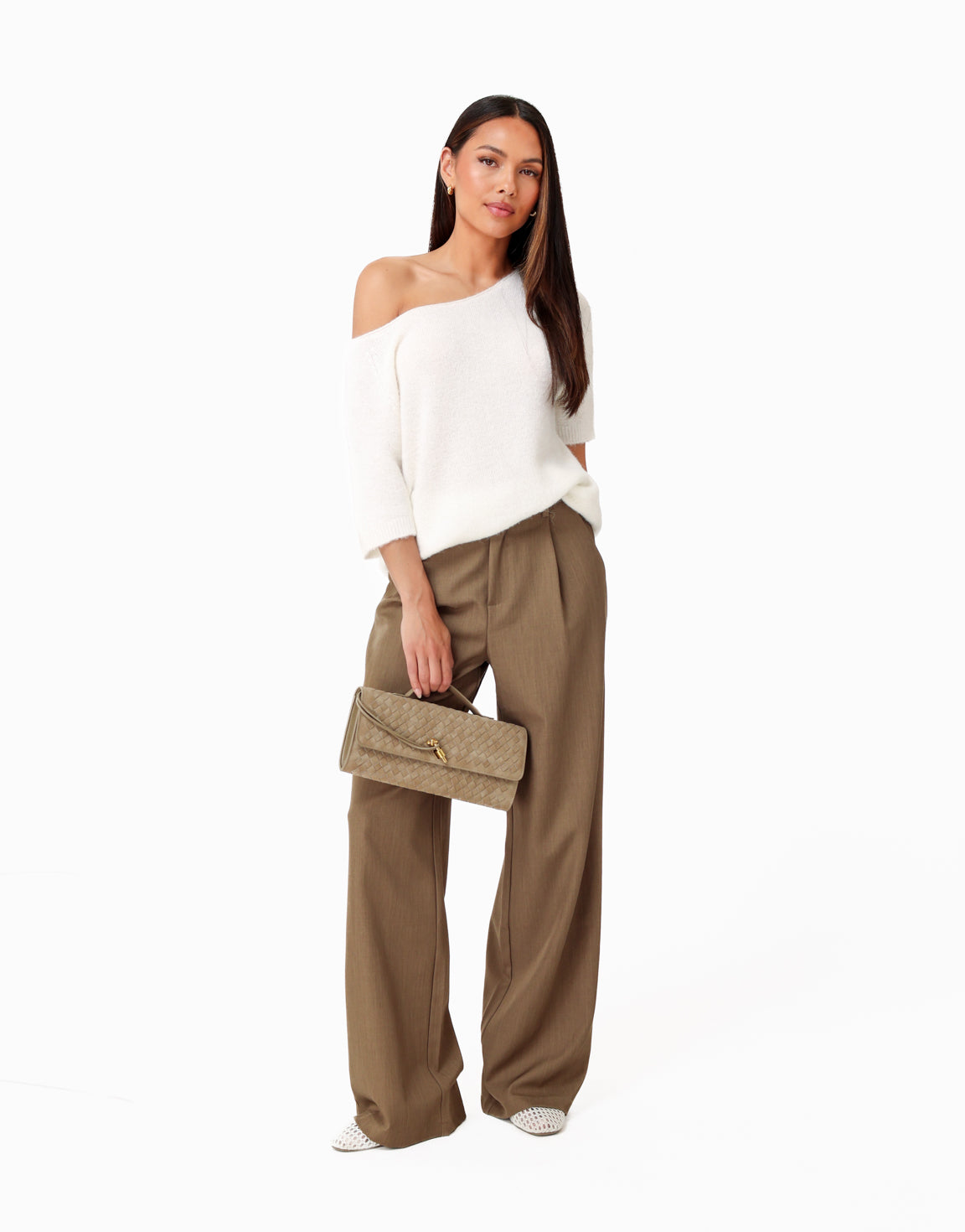 Khaki Wijde Pantalon + Ecru Off Shoulder SS Trui - Set