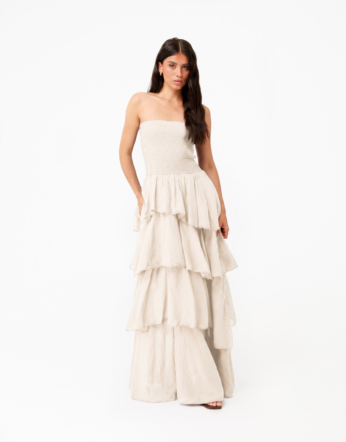 Beige Strapless Lange Maxi Ruffel - Jurk