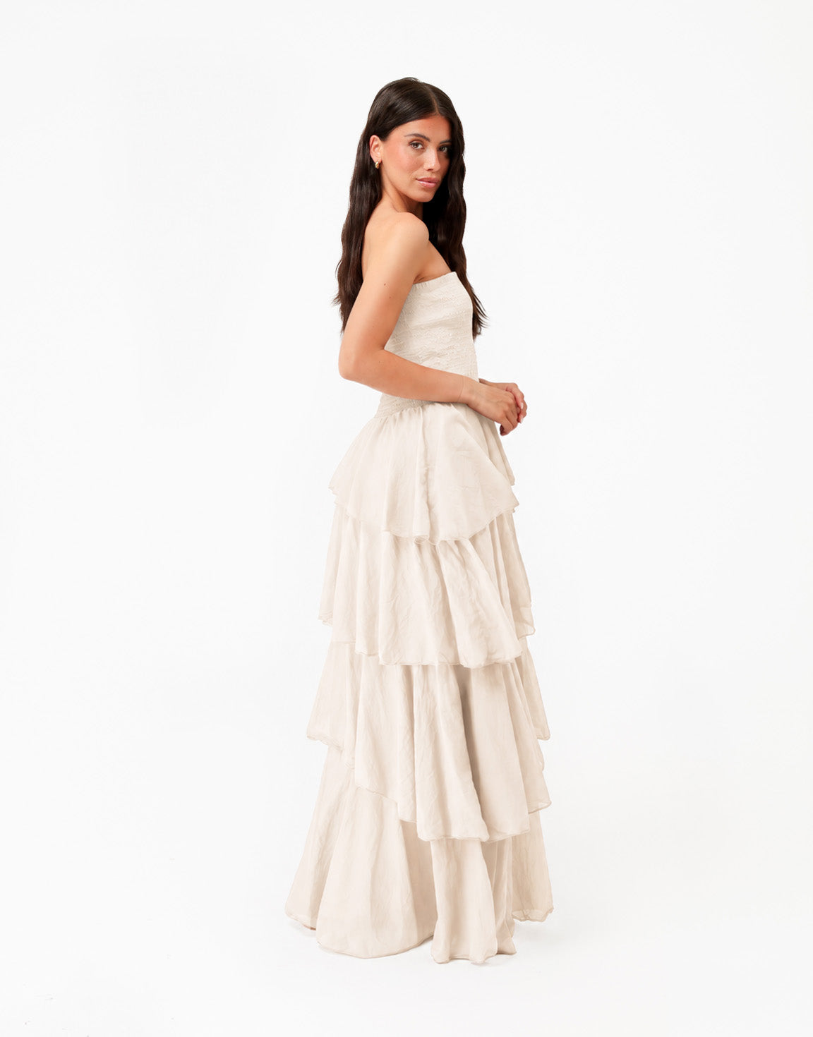 Beige Strapless Lange Maxi Ruffel - Jurk