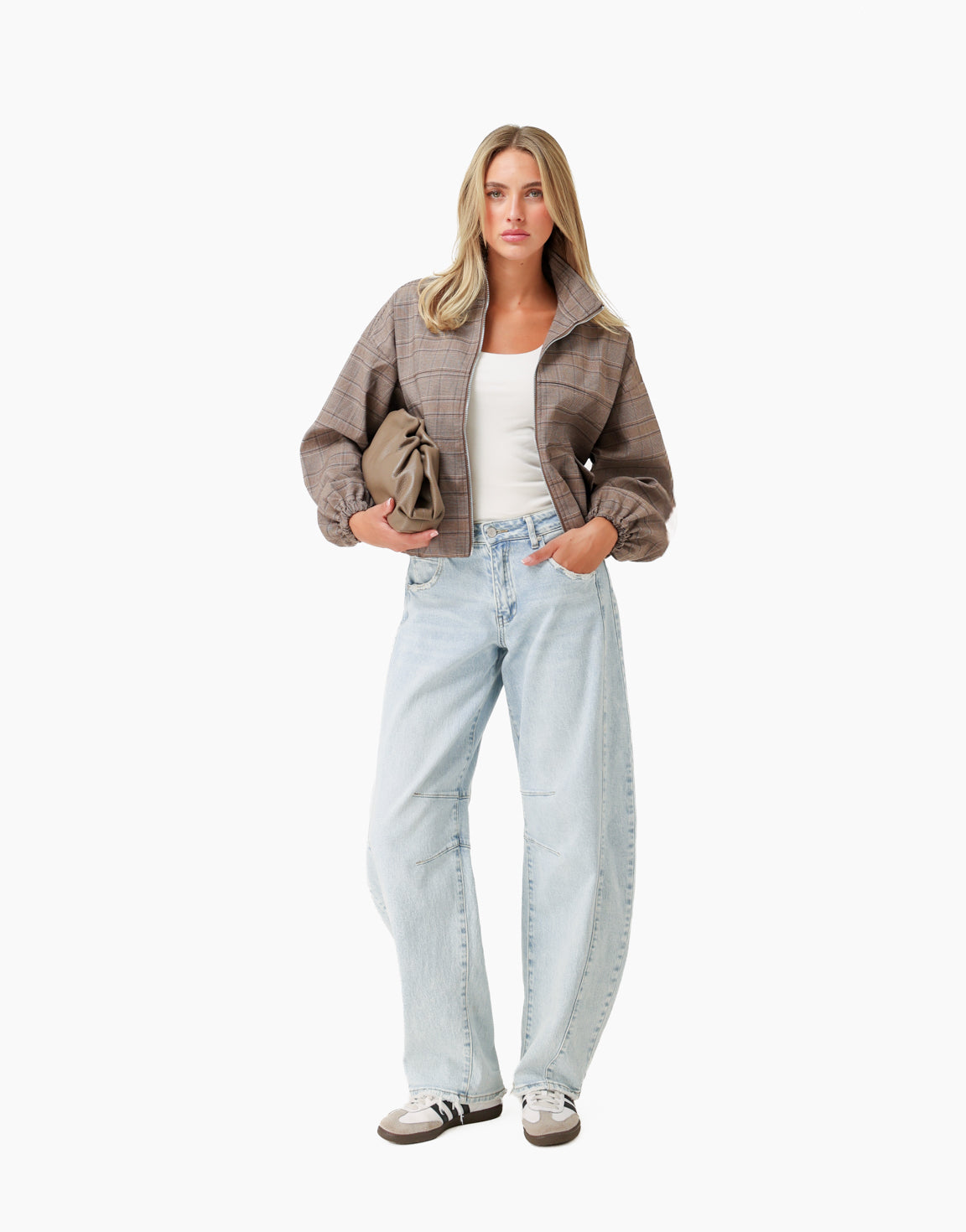 Bruine Luxe Geruiten Puffy Elastische Onderkant - Jas