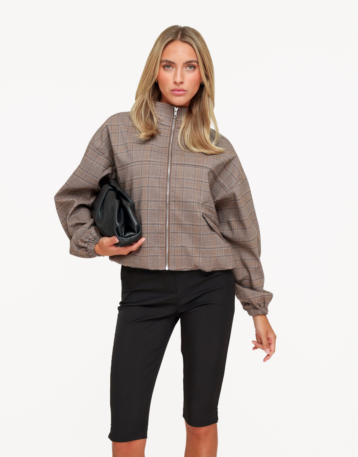 Bruine Luxe Geruiten Puffy Elastische Onderkant - Jas