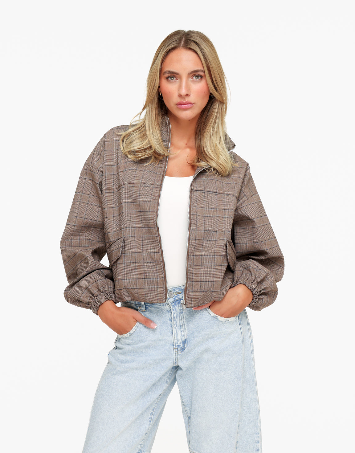 Bruine Luxe Geruiten Puffy Elastische Onderkant - Jas