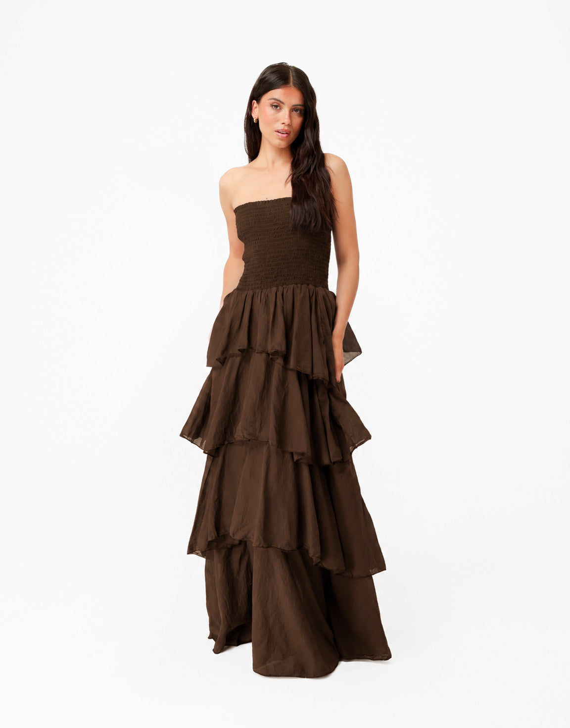Donkerbruine Strapless Lange Maxi Ruffel - Jurk