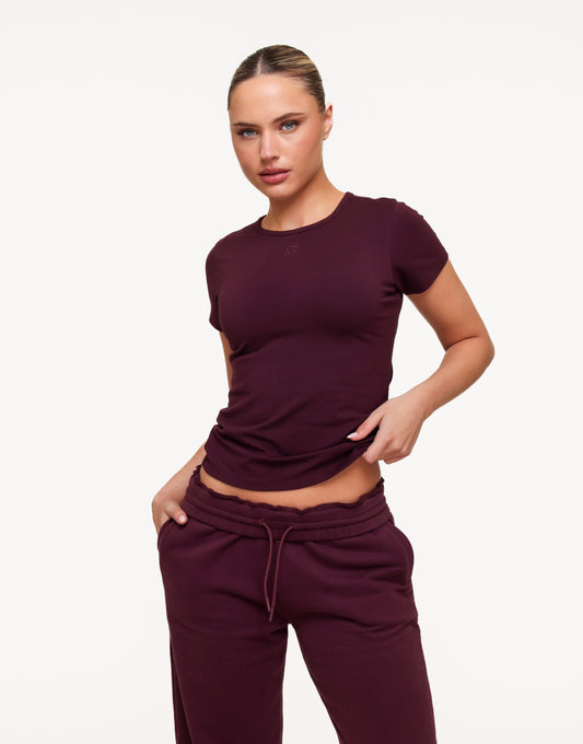 KLEDING-BURGUNDY-WIJDE-JOGGINGS-BROEK-BURGUNDY-KORTE-MOUWEN-TOP