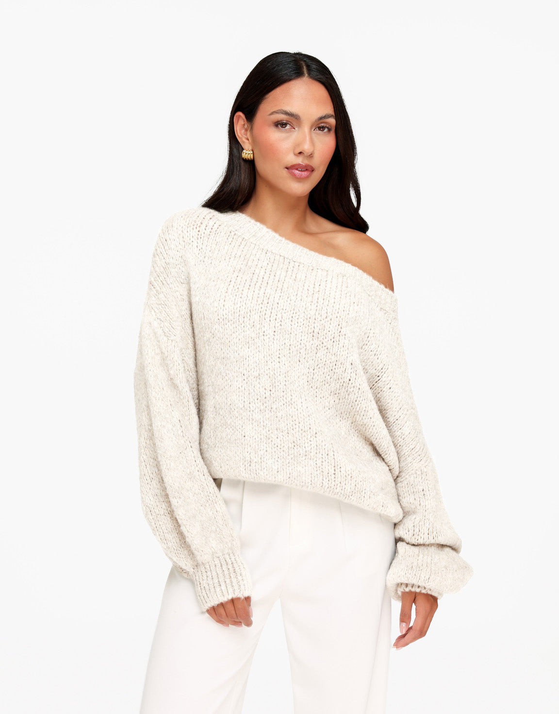 Creme Gebreide Wollen Off Shoulder - Trui