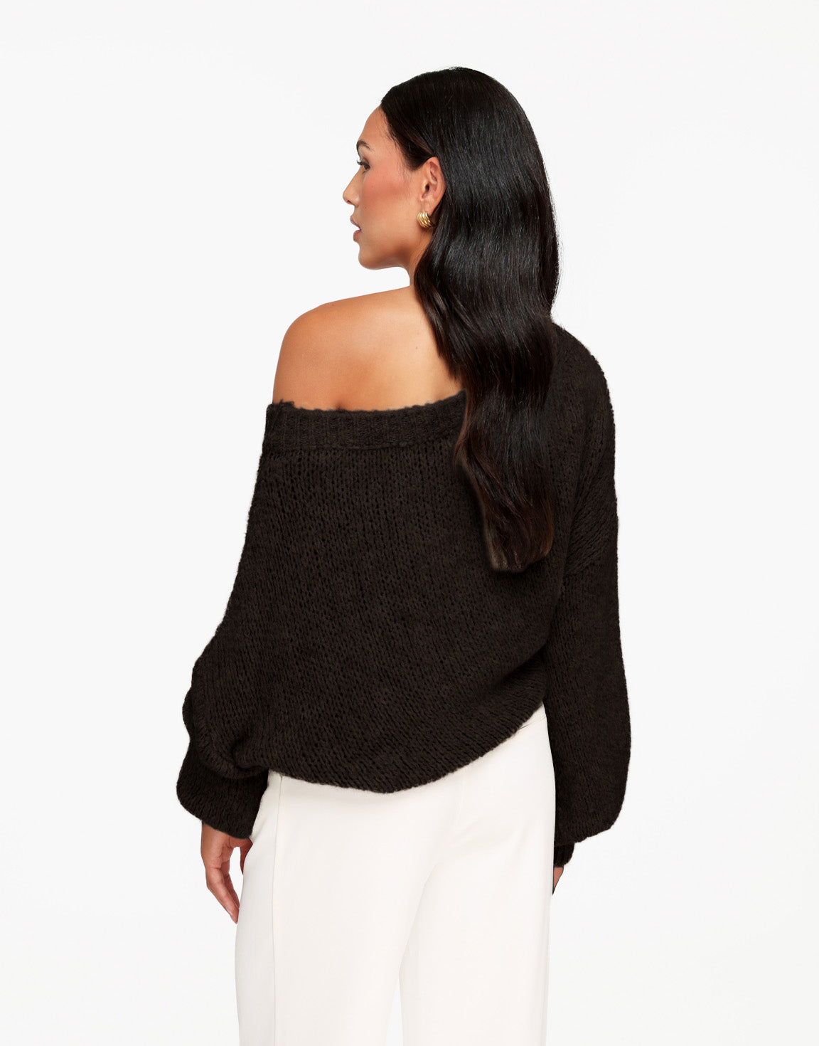 Dark Brown Knitted Wool Off Shoulder - Sweater