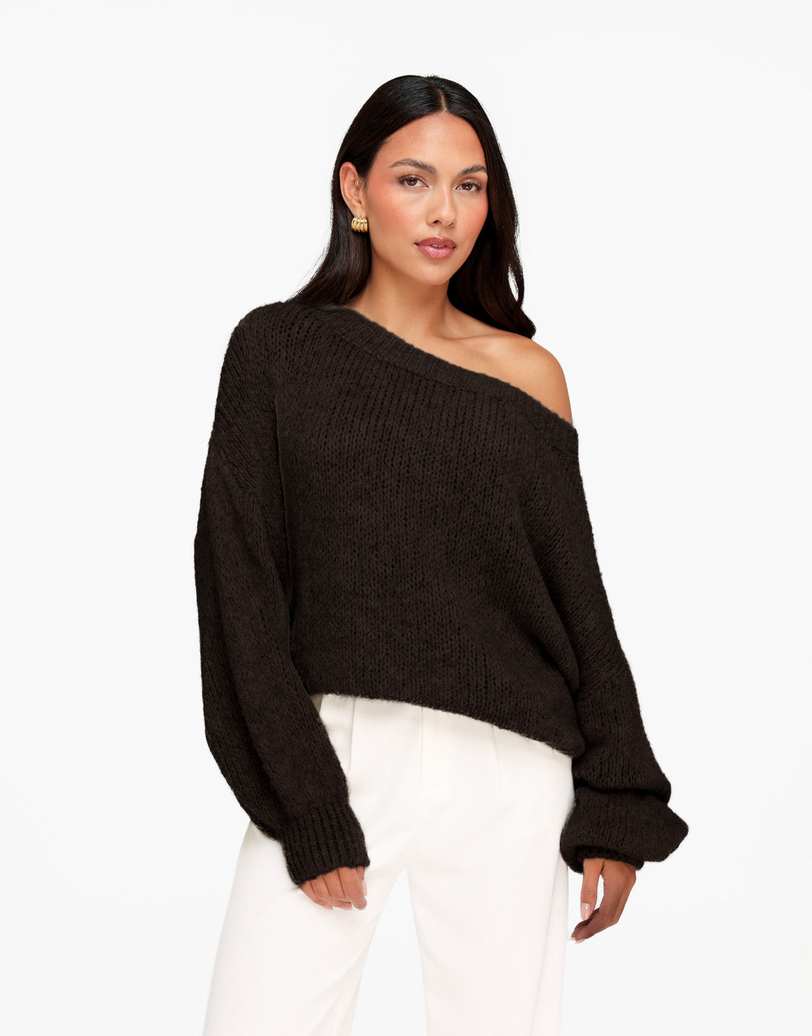Dark Brown Knitted Wool Off Shoulder - Sweater
