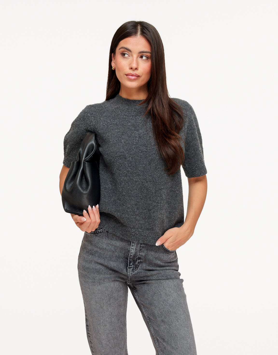 KLEDING-DONKERGRIJZE-GEBREIDE-KORTE-MOUWEN-TOP