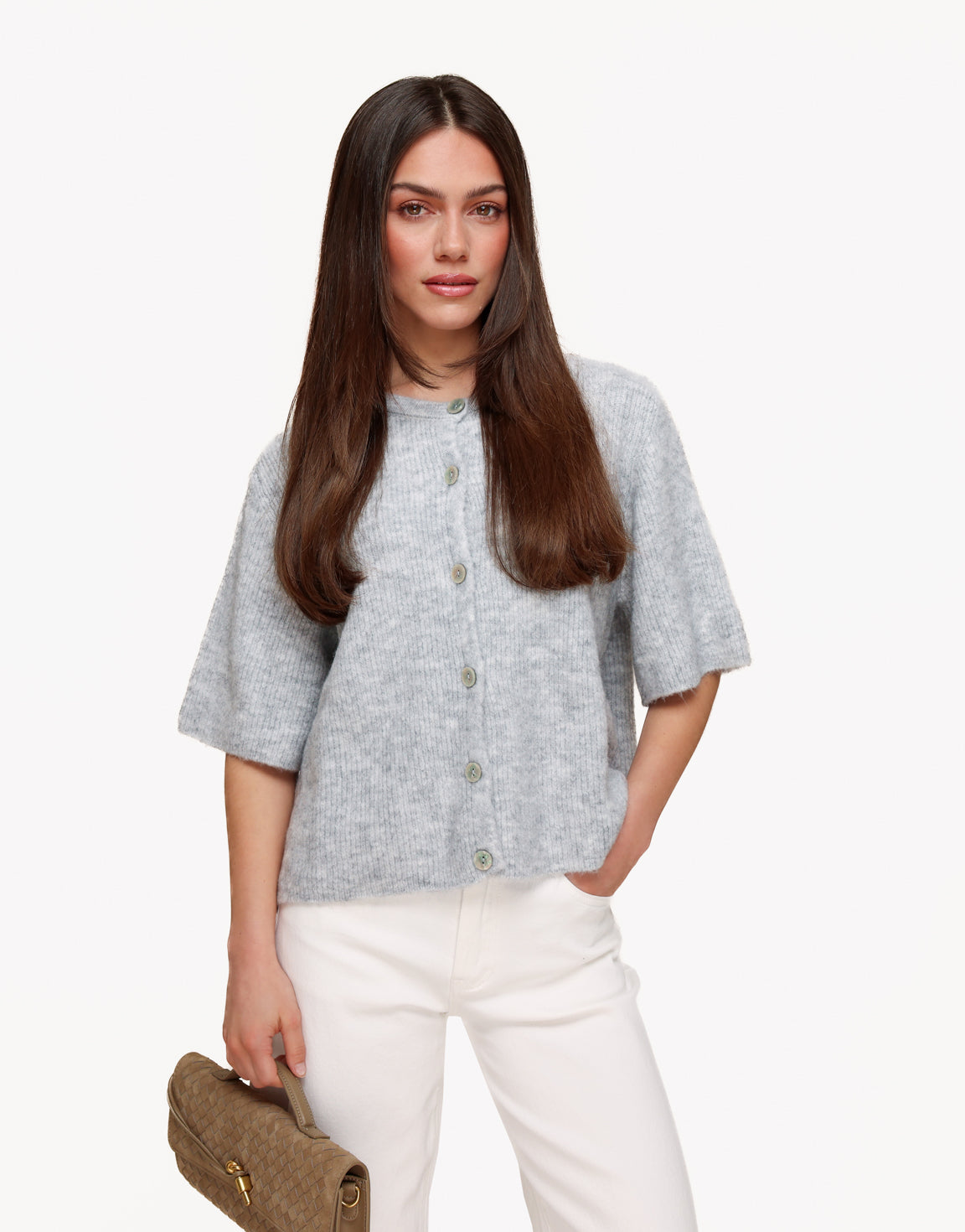 Lichtgrijze Gebreide 3/4 Mouwen - Vest