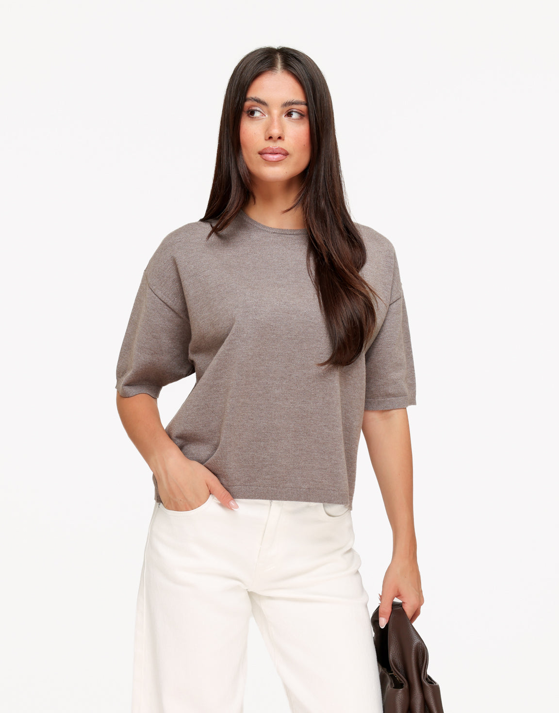 KLEDING-TAUPE-GEBREIDE-KORTE-MOUWEN-TOP