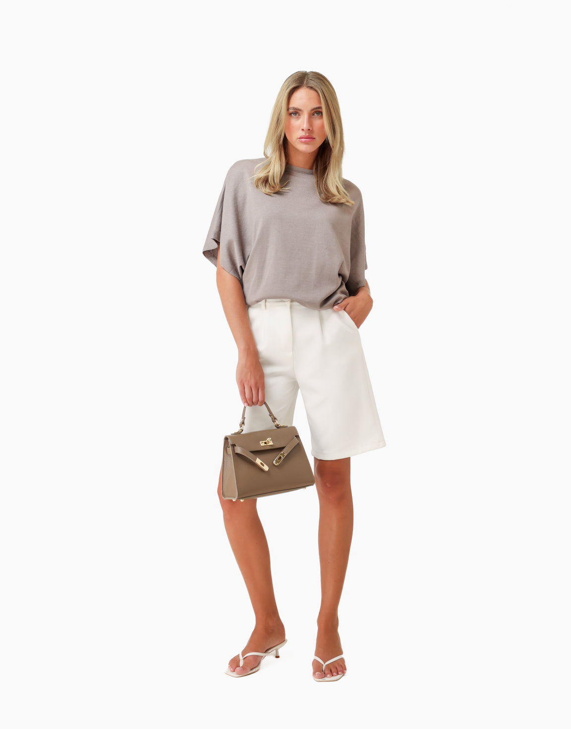 Taupe Gebreide Wijde Mouwen SS - Top