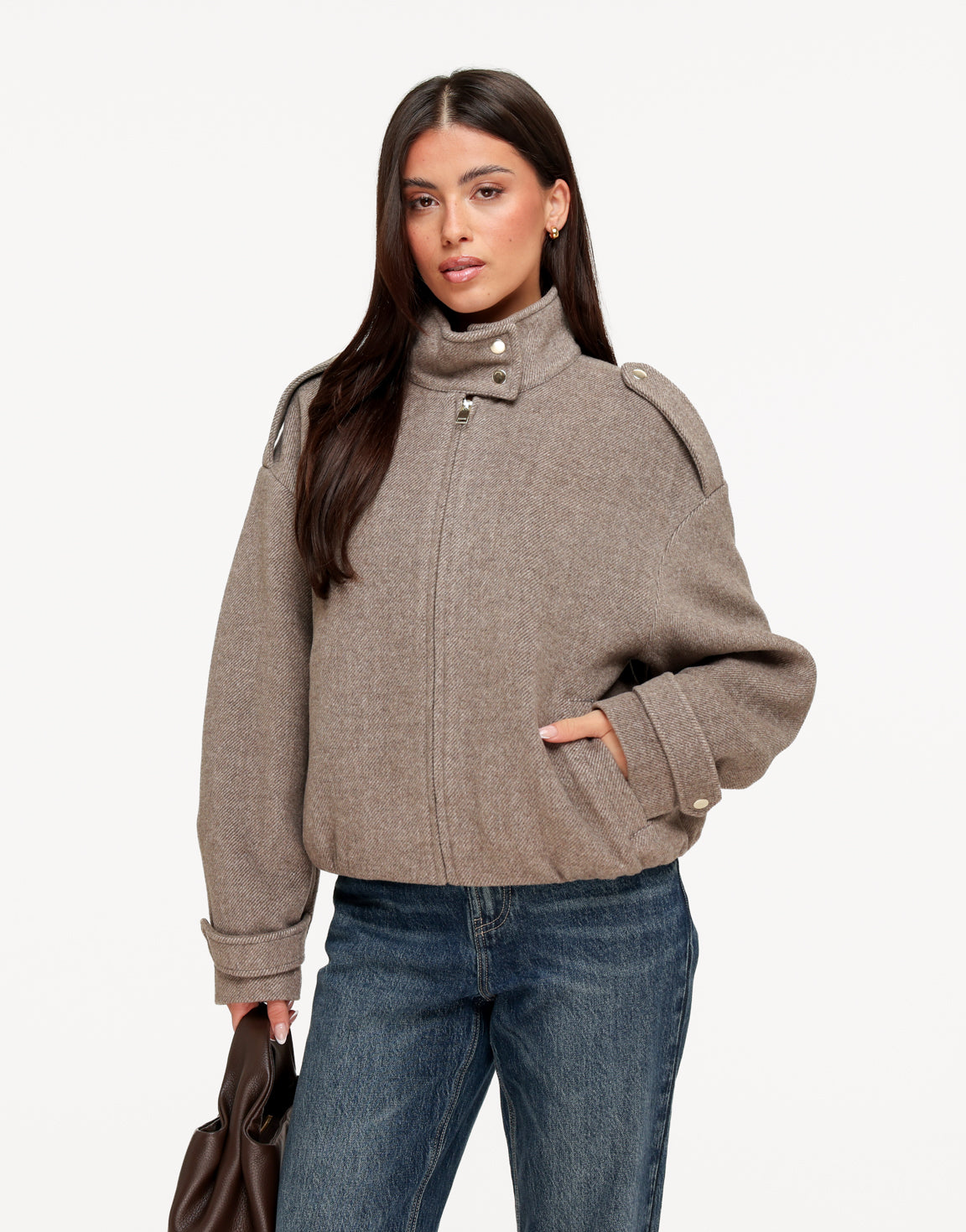 Taupe Puffy Mouw Details Elastische Onderkant - Jas