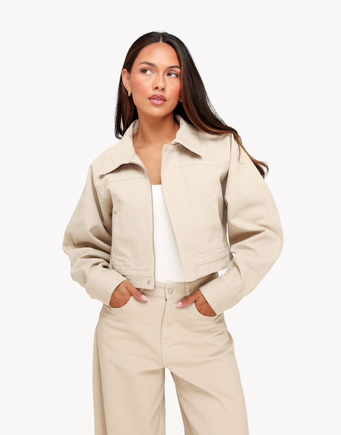 Beige Denim Ballonmouwen Wijde - Set