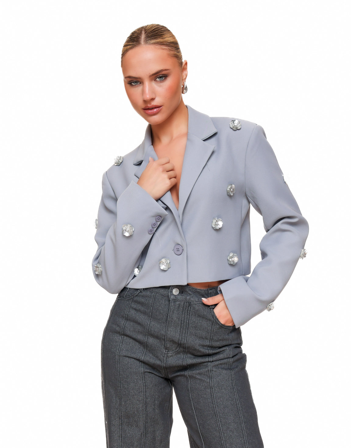 Blue Gray Statement Flower Cropped - Blazer