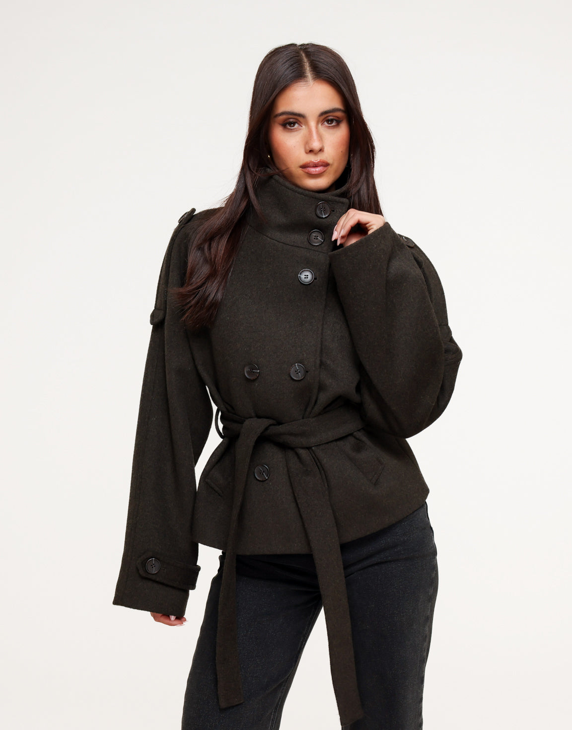 Donkerbruine Premium Korte Wollen Trench - Jas