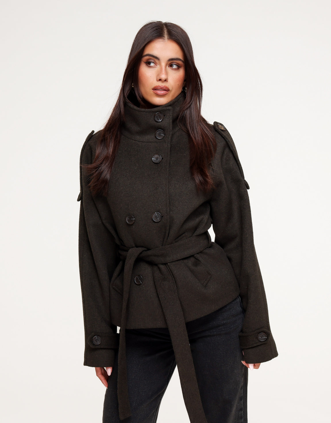 Donkerbruine Premium Korte Wollen Trench - Jas