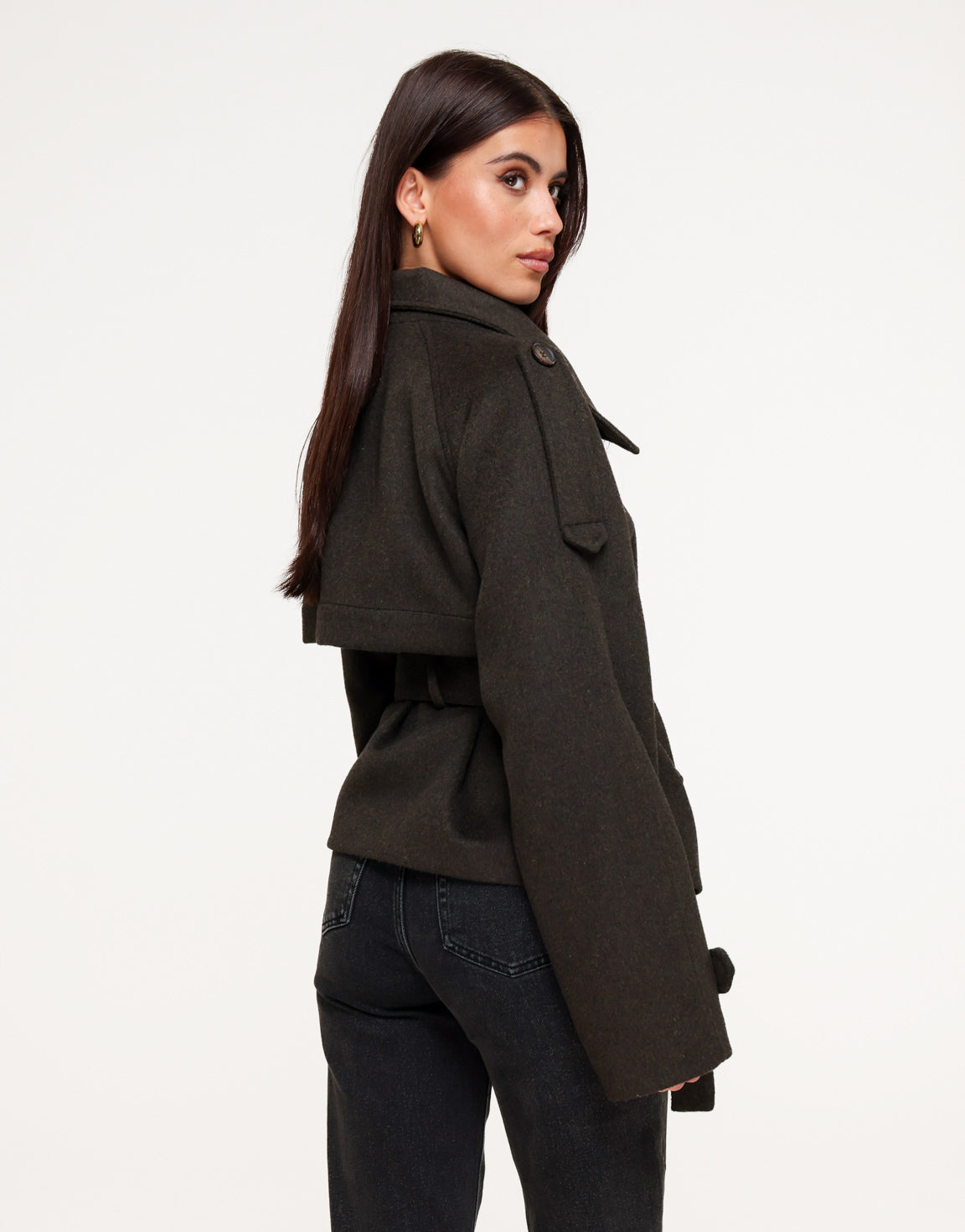 Donkerbruine Premium Korte Wollen Trench - Jas