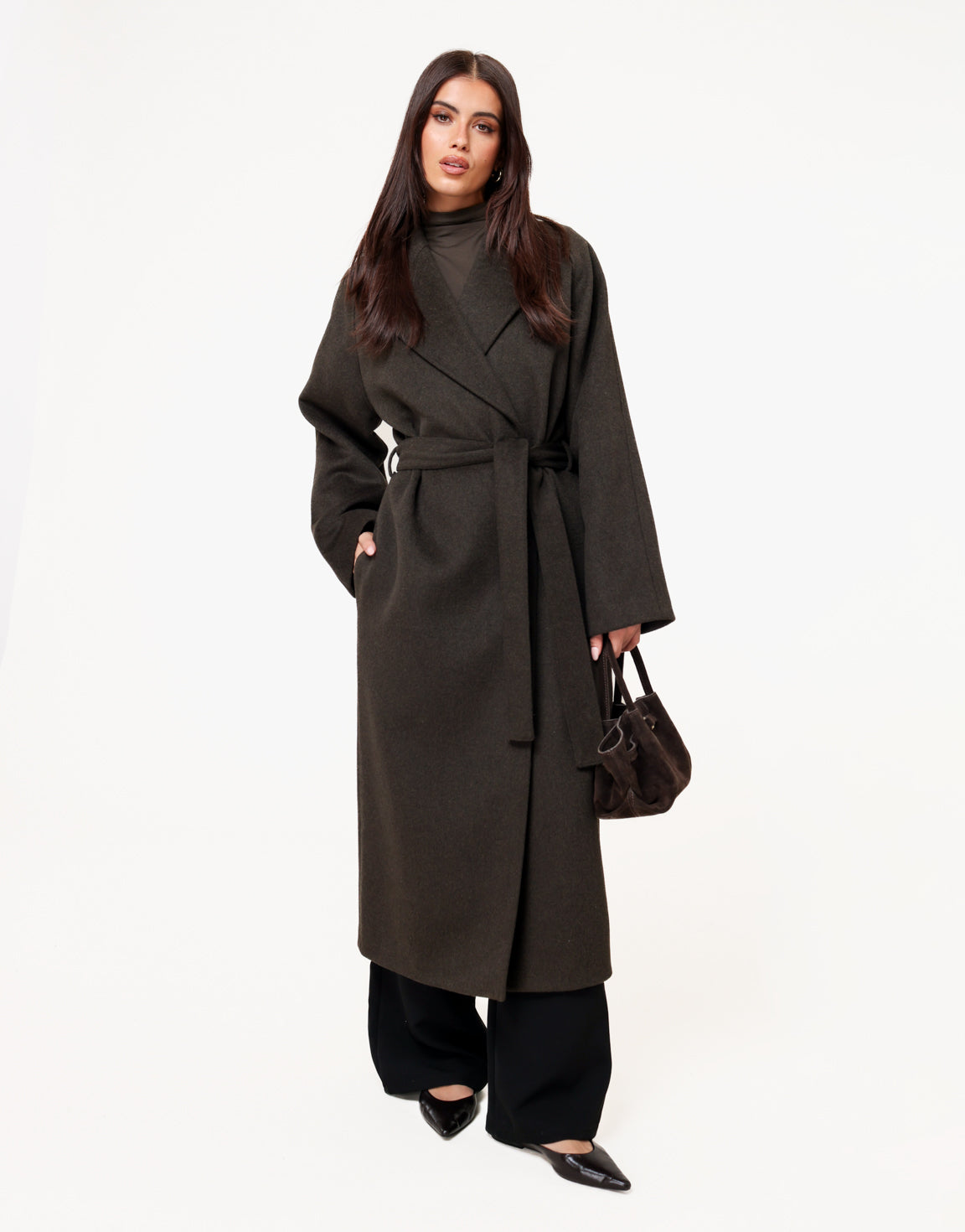 Donkerbruine  Premium Lange Wollen Ceintuur - Jas