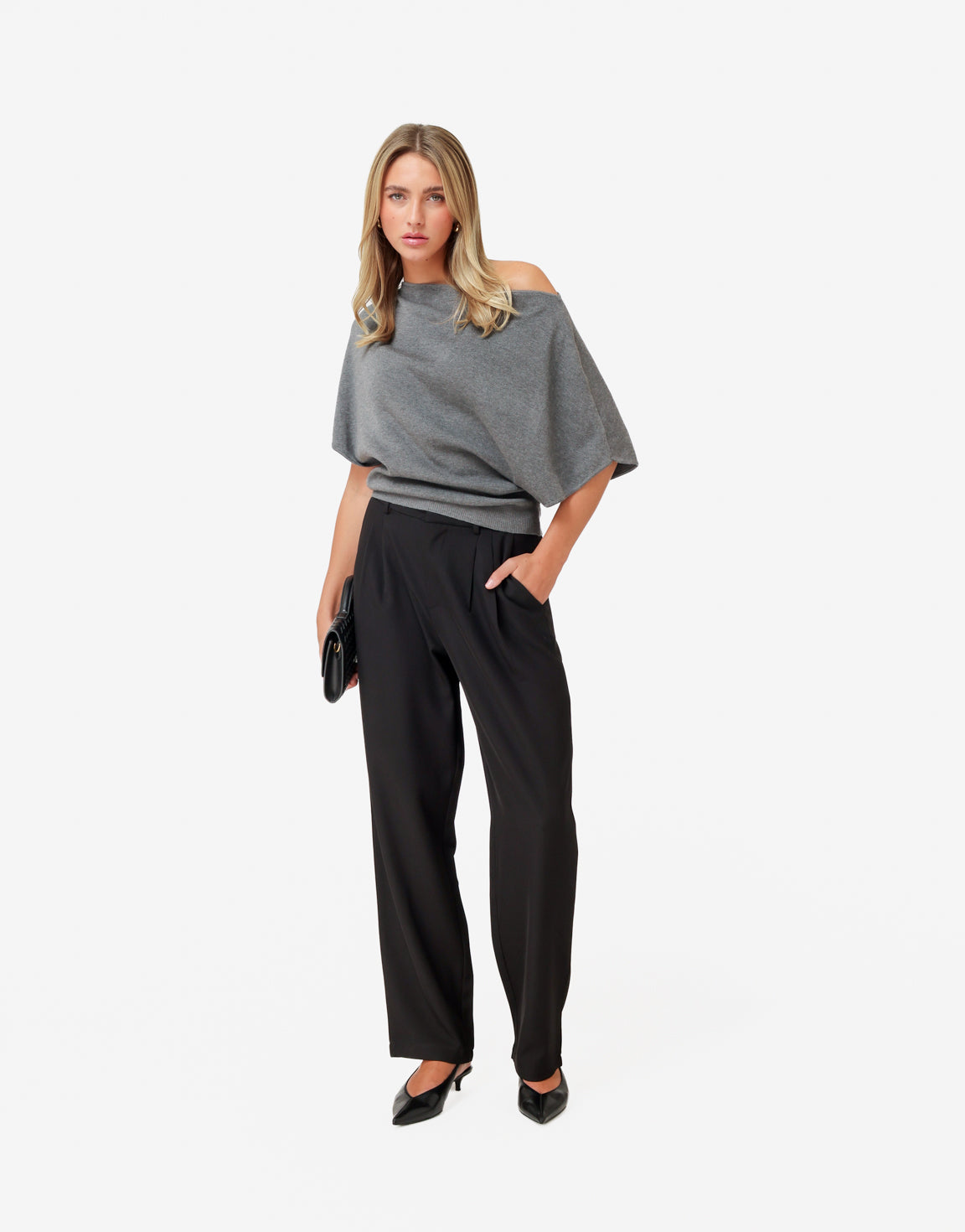 Grijze Gebreide Off Shoulder - Trui
