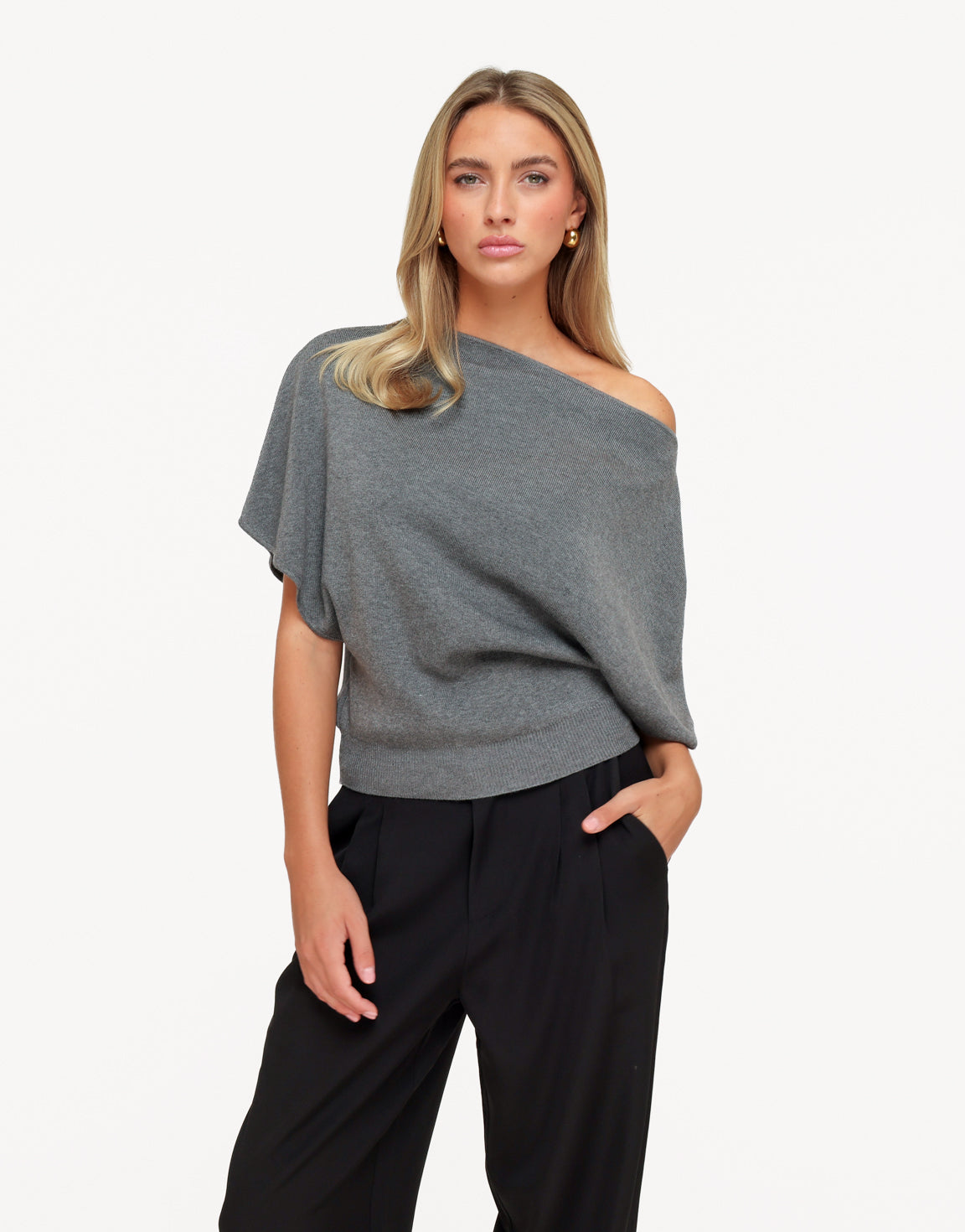 Grijze Gebreide Off Shoulder - Trui