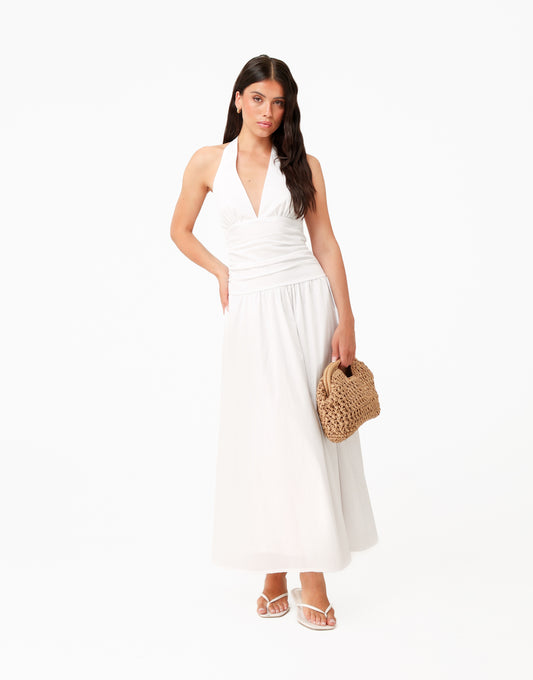 KLEDING-WITTE-VHALS-HALTER-LANGE-MAXI-JURK-01