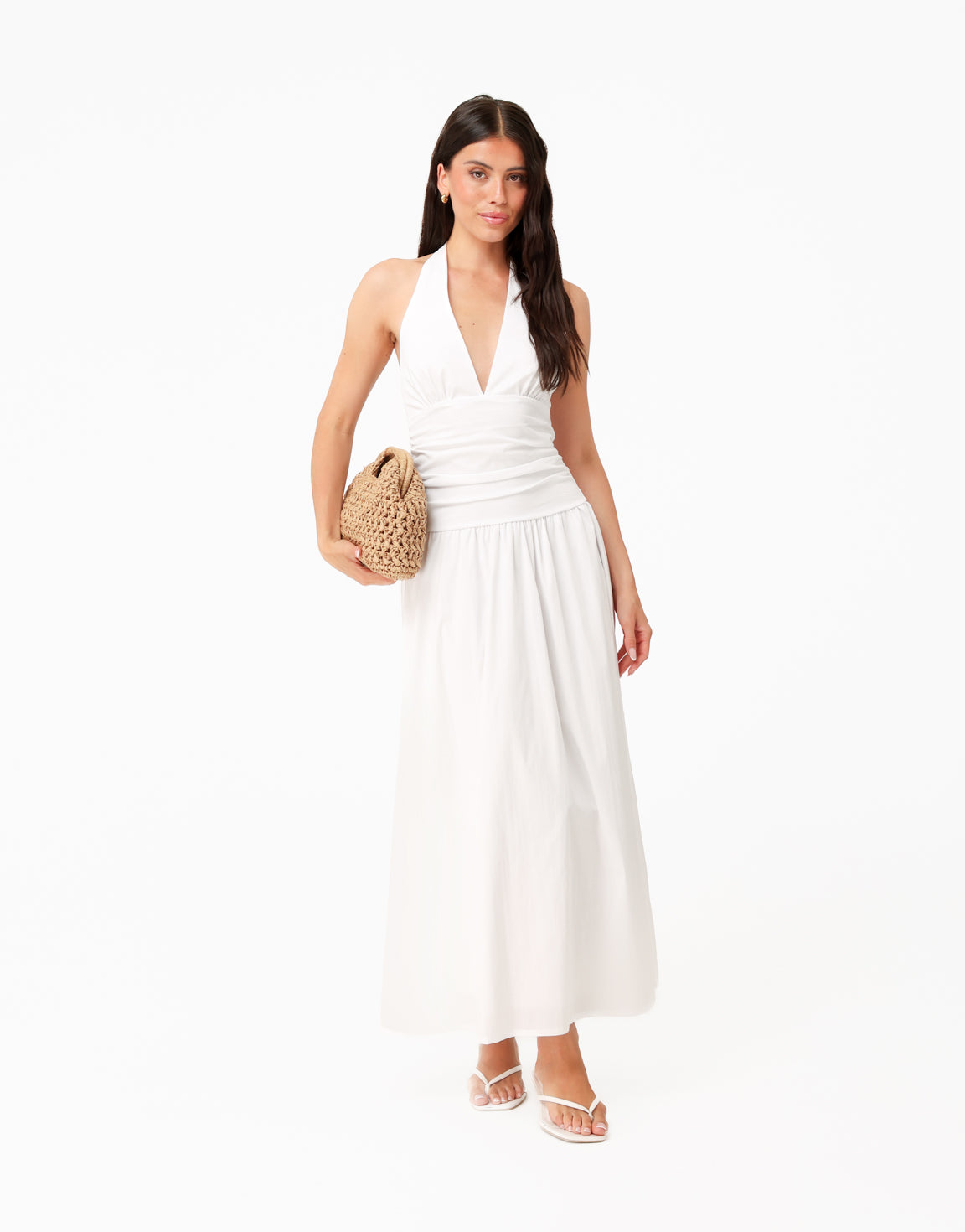 KLEDING-WITTE-VHALS-HALTER-LANGE-MAXI-JURK