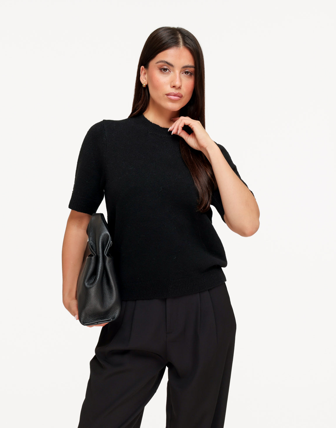 KLEDING-ZWARTE-GEBREIDE-KORTE-MOUWEN-TOP