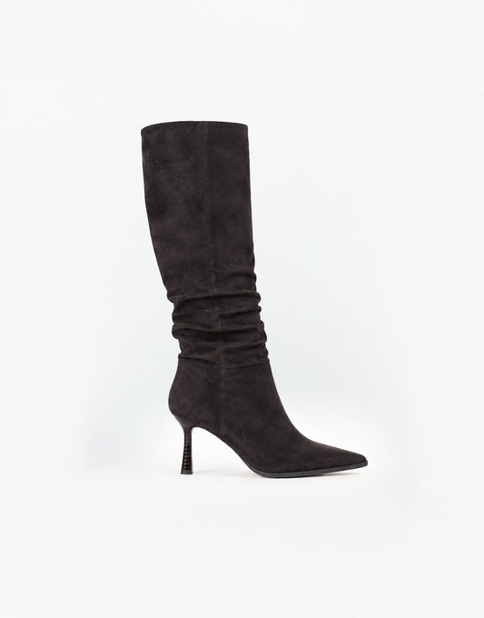 SCHOENEN-DONKERBRUINE-SUEDE-HOGE-HAK-LAARZEN-ZIJ-AANZICHT