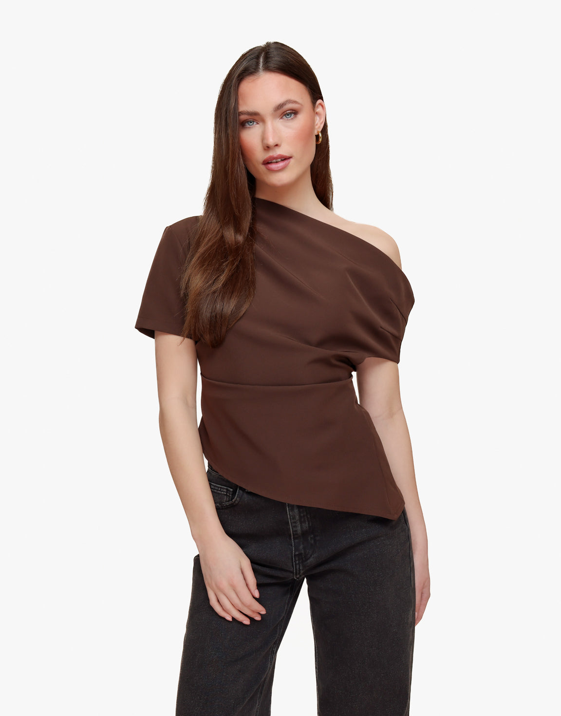 Brown Draped Off Shoulder SS - Top