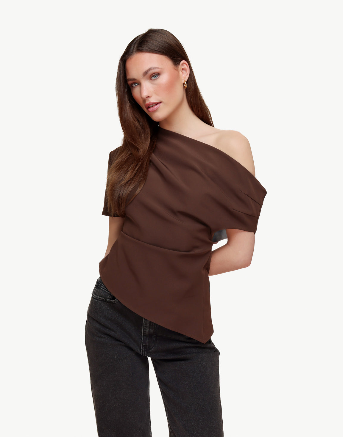 Brown Draped Off Shoulder SS - Top