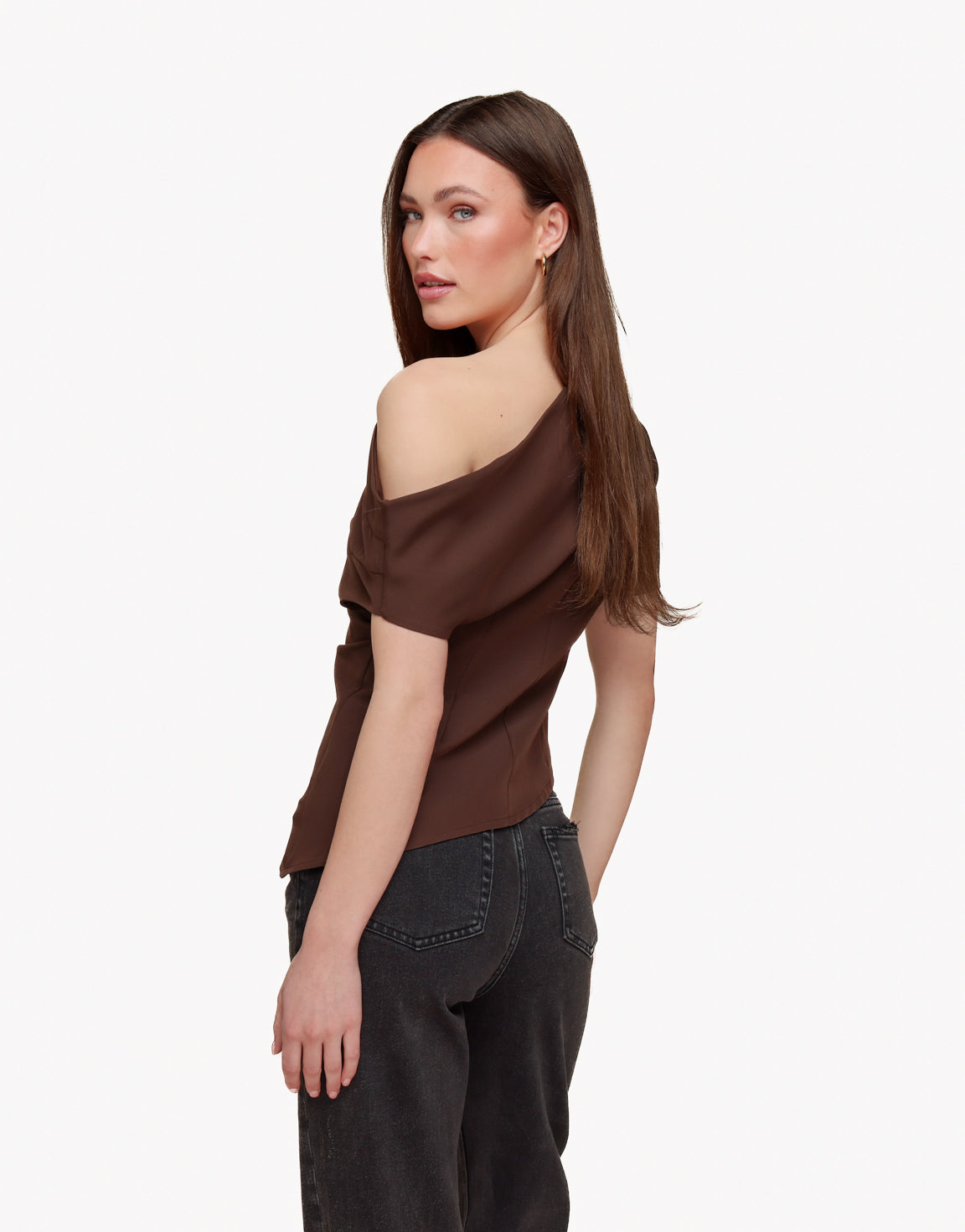 Brown Draped Off Shoulder SS - Top