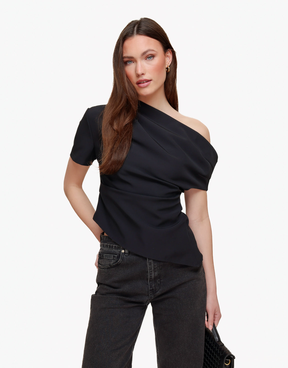 Zwarte Gedrapeerde Off Shoulder SS - Top