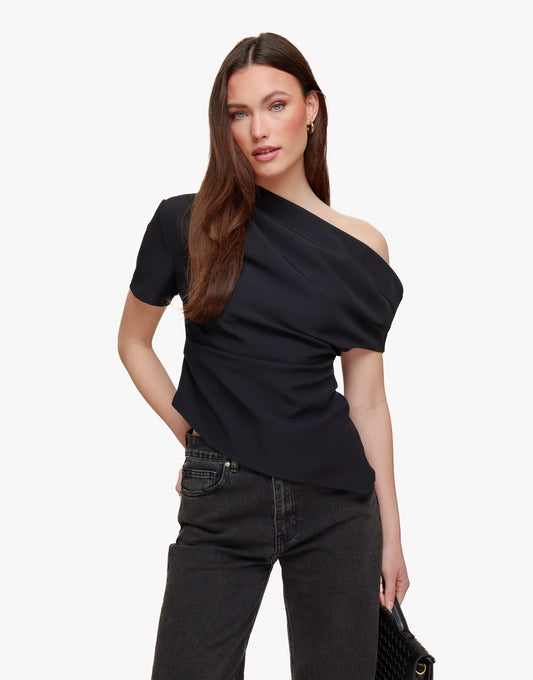 Black Draped Off Shoulder SS - Top