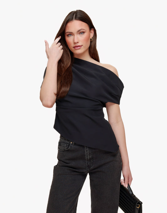 Black Draped Off Shoulder SS - Top