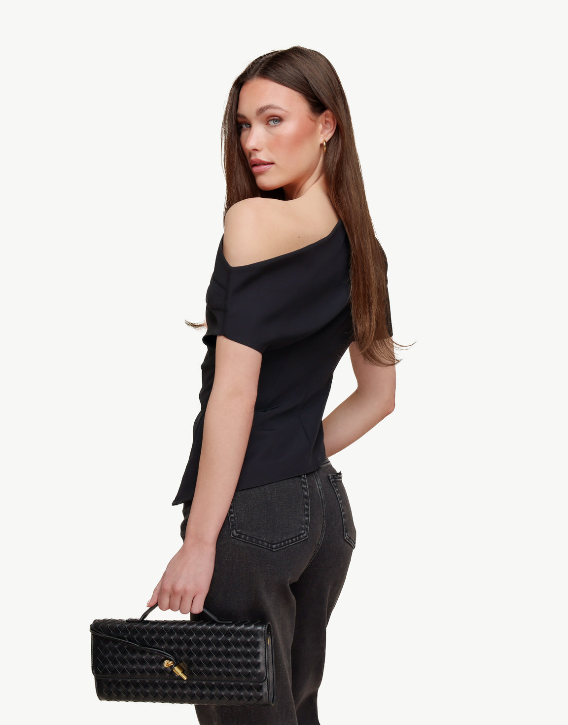 Zwarte Gedrapeerde Off Shoulder SS - Top