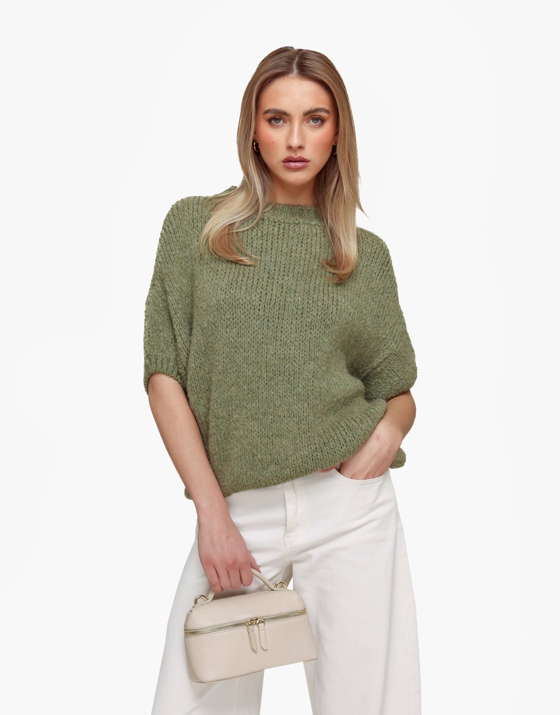 Army Groene Gebreide Wollen 3/4 Mouw - Trui - Olivia & Kate