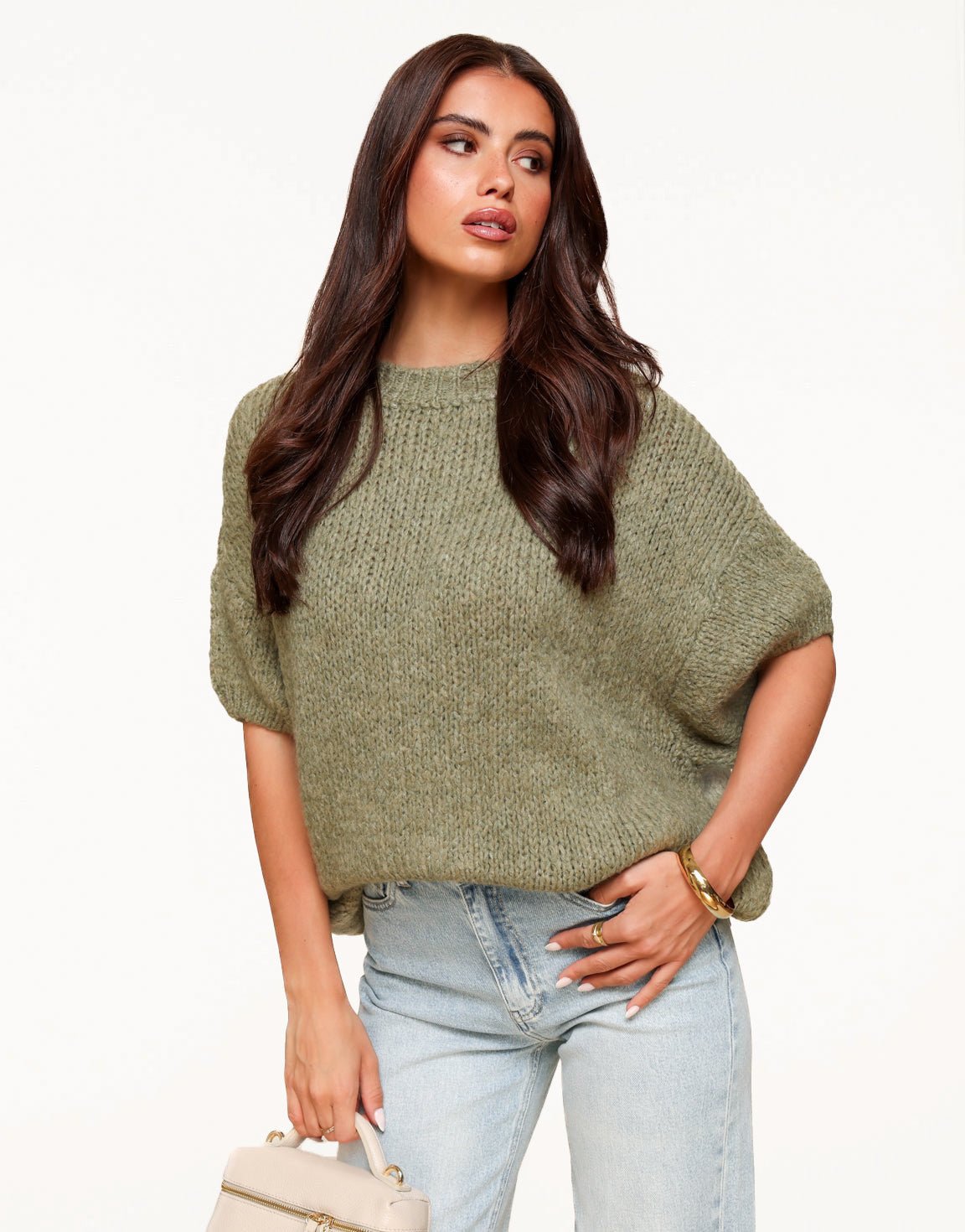 Army Green Knitted Wool 3/4 Sleeve - Sweater - Olivia & Kate