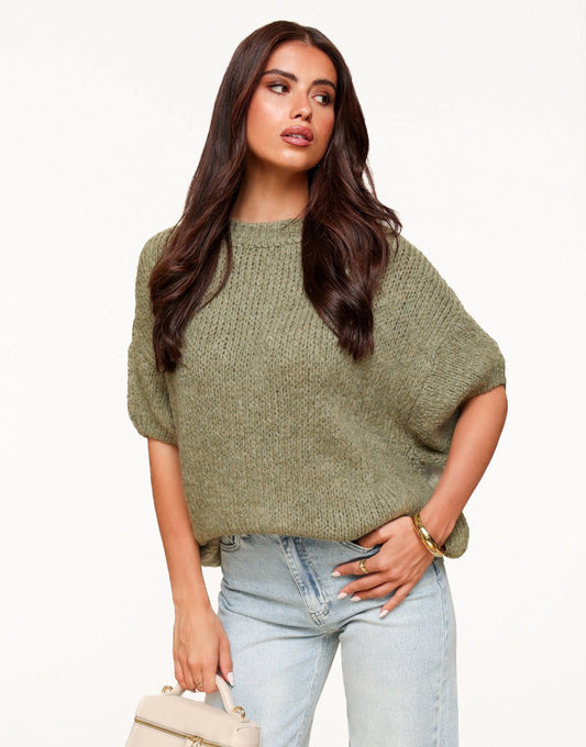 Army Green Knitted Wool 3/4 Sleeve - Sweater - Olivia & Kate