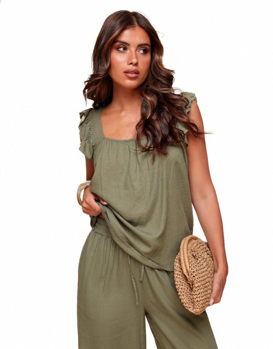 Army Groene Mouwloze Linnen - Top - Olivia & Kate
