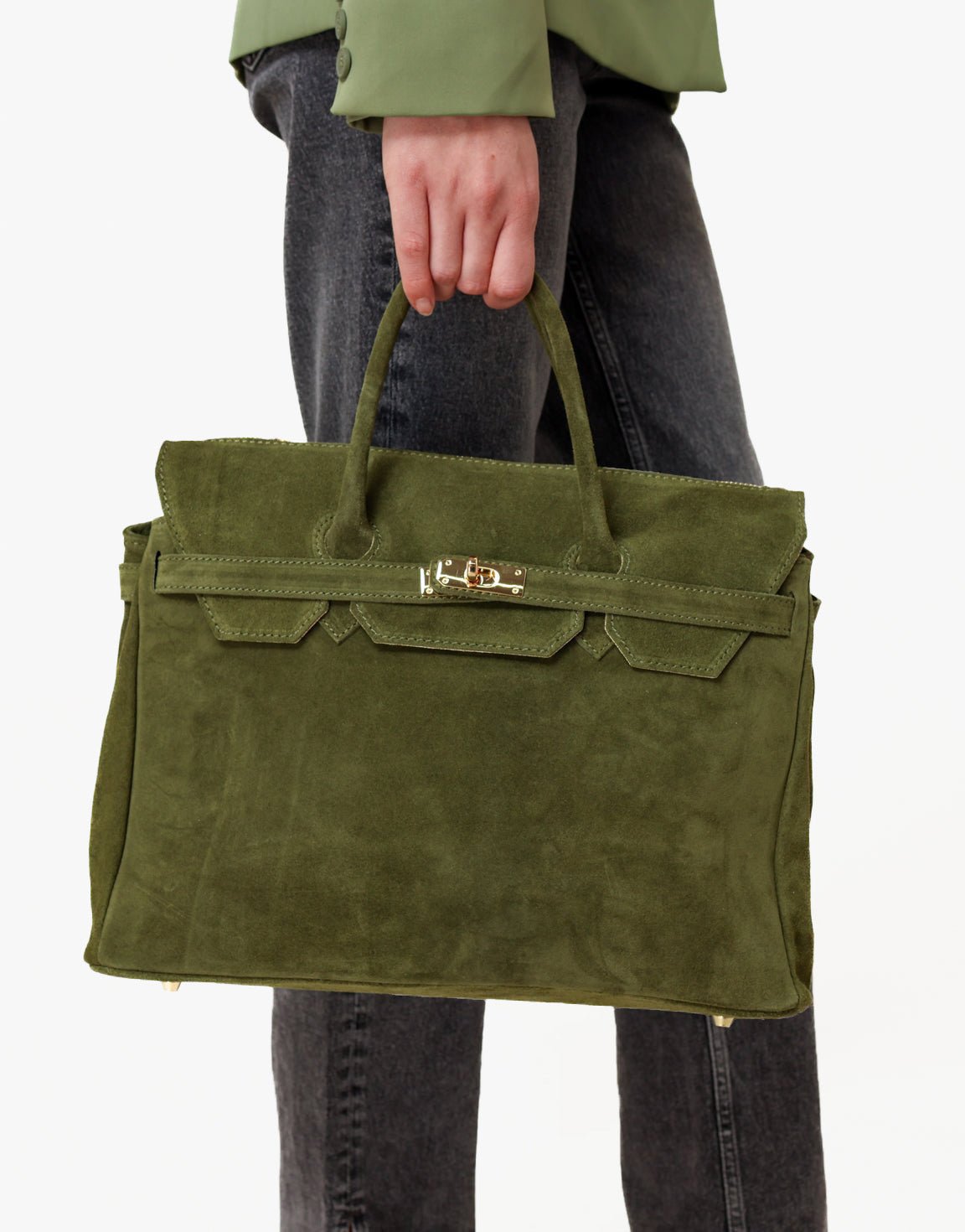 Army Green Suede Large Gold Detail - Bag - Olivia & Kate